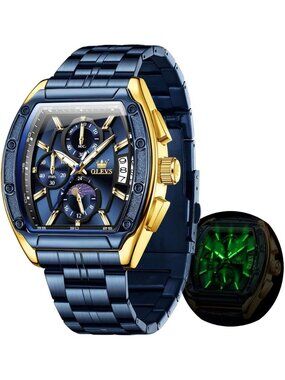 Men's Blue Chronograph Rectangle Stainless Steel Luminous Quartz Classic Watch